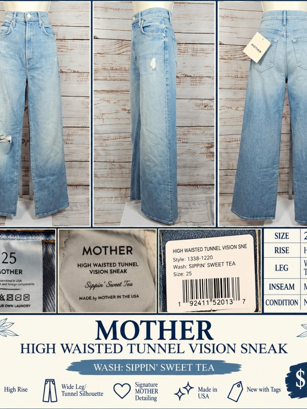 MOTHER High Waisted Tunnel Vision Sneak Wide Leg Jeans Size 25 Sippin’ Sweet Tea